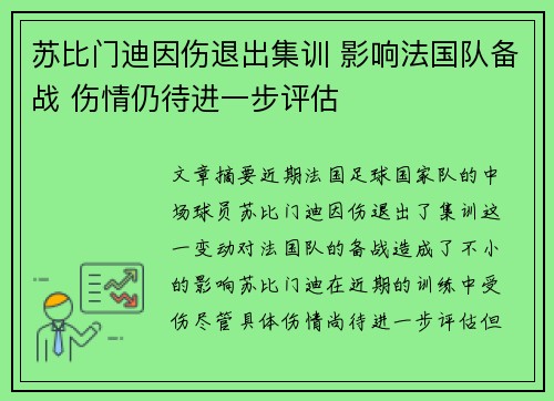 苏比门迪因伤退出集训 影响法国队备战 伤情仍待进一步评估